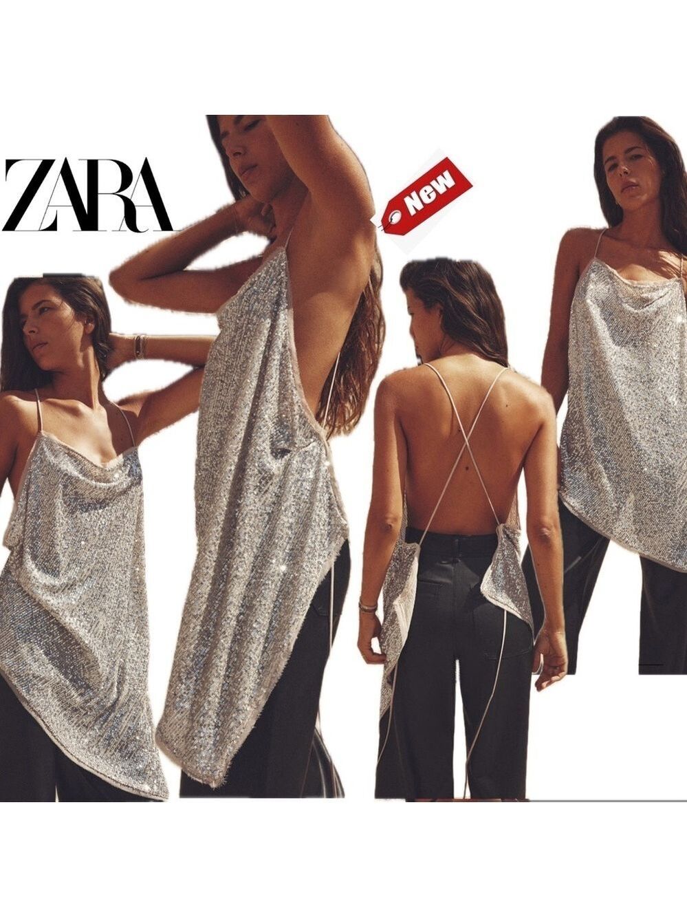 Zara beige sequin asymmetrical draped strappy open back blouse Sz M NWT